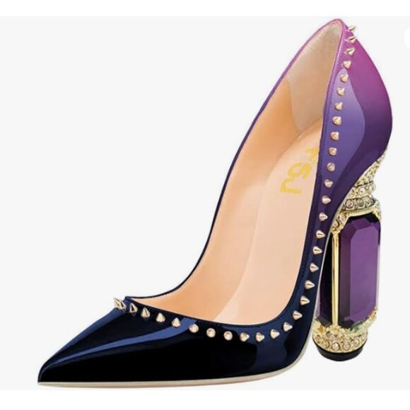 FSJ purple Rivets Bridal Pointed Toe Chunky High Heel Crystal Pumps Dress Shoes - Picture 1 of 8